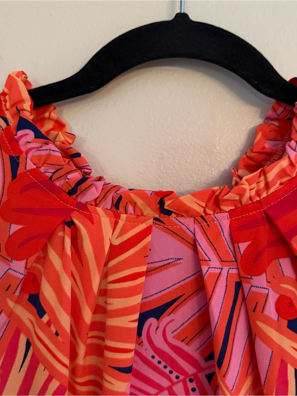 Michelle McDowell Tropical Palm Print Ruffle Shift Dress Pink Orange Medium - Picture 7 of 10